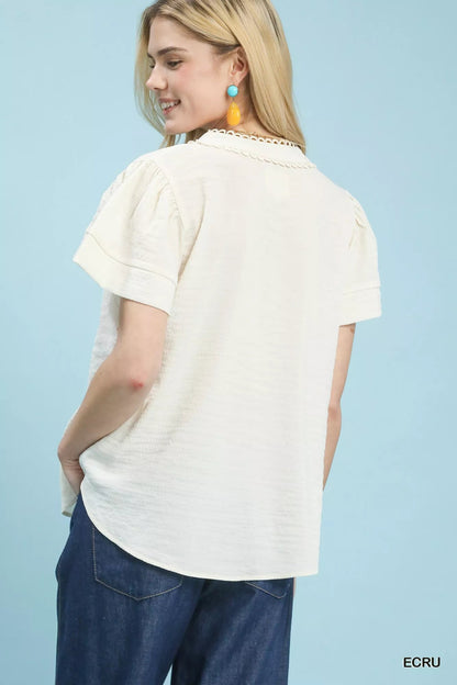 Umgee Seersucker Short Sleeve Top with Lace Trim - Bitsy Gypsy Boutique