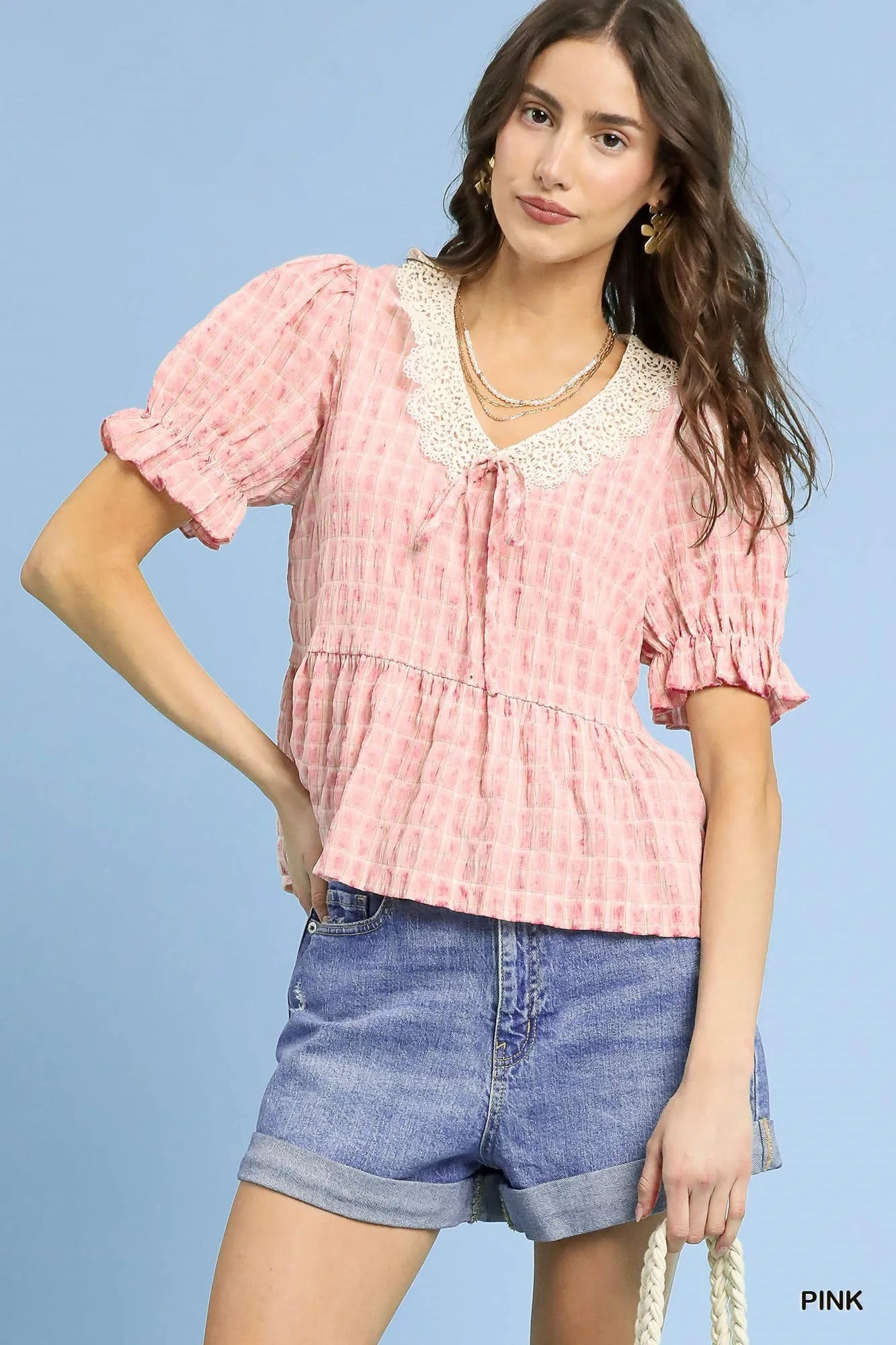 Umgee Short Sleeve Gingham Lace Peplum Blouse - Bitsy Gypsy Boutique