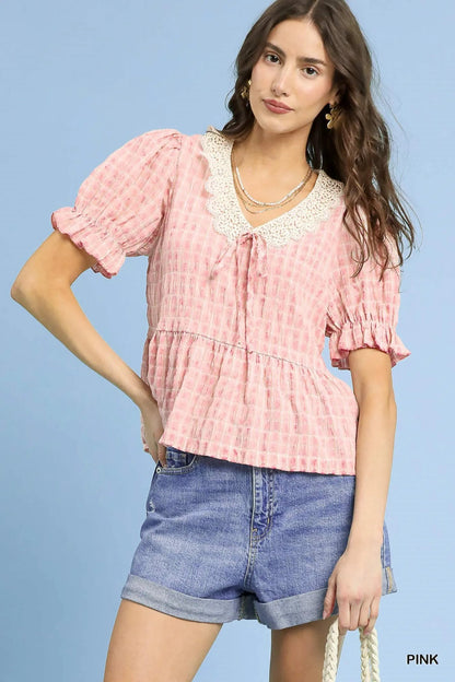 Umgee Short Sleeve Gingham Lace Peplum Blouse - Bitsy Gypsy Boutique