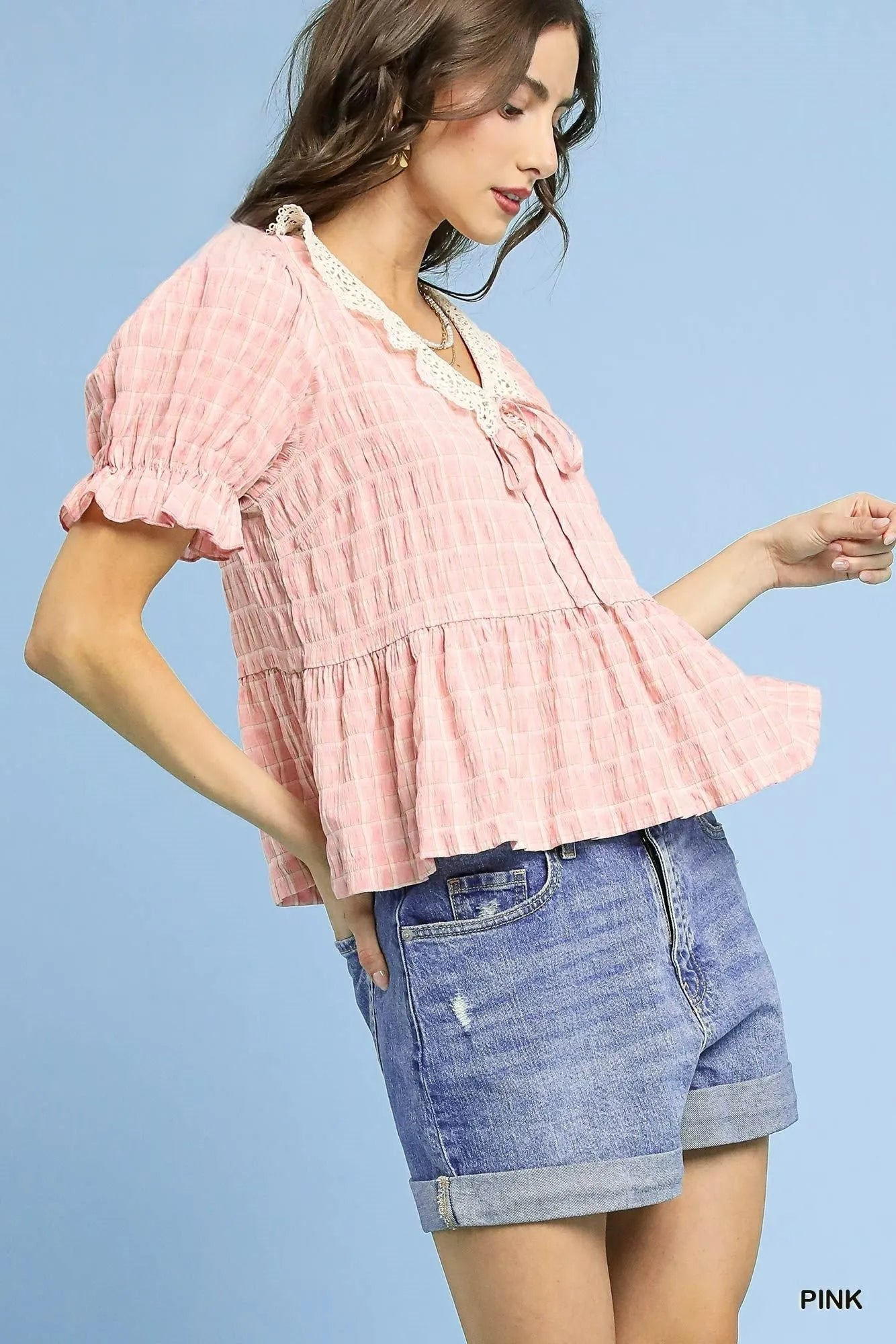 Umgee Short Sleeve Gingham Lace Peplum Blouse - Bitsy Gypsy Boutique