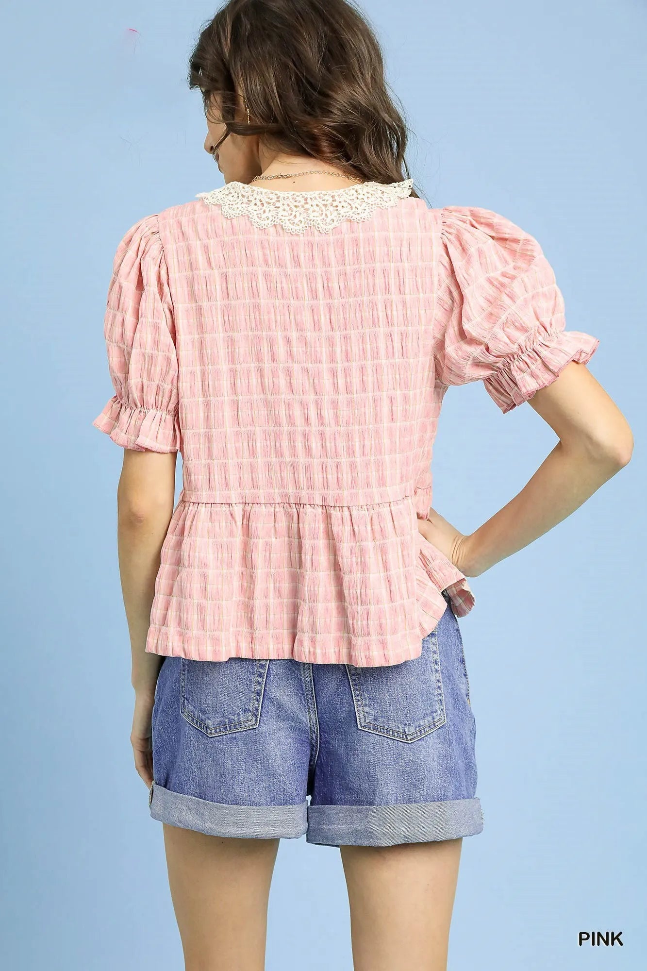 Umgee Short Sleeve Gingham Lace Peplum Blouse - Bitsy Gypsy Boutique