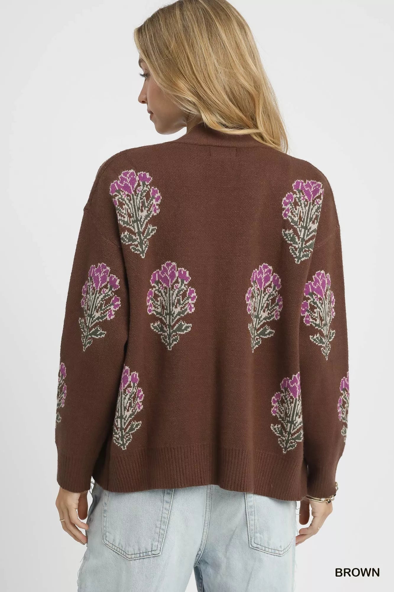 Umgee Single Flower Stem Jacquard Cardigan Sweater - Bitsy Gypsy Boutique