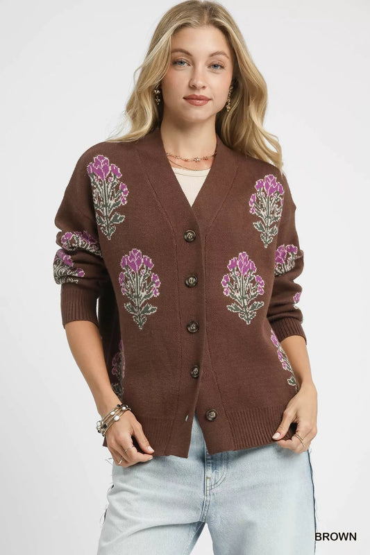 Umgee Single Flower Stem Jacquard Cardigan Sweater - Bitsy Gypsy Boutique