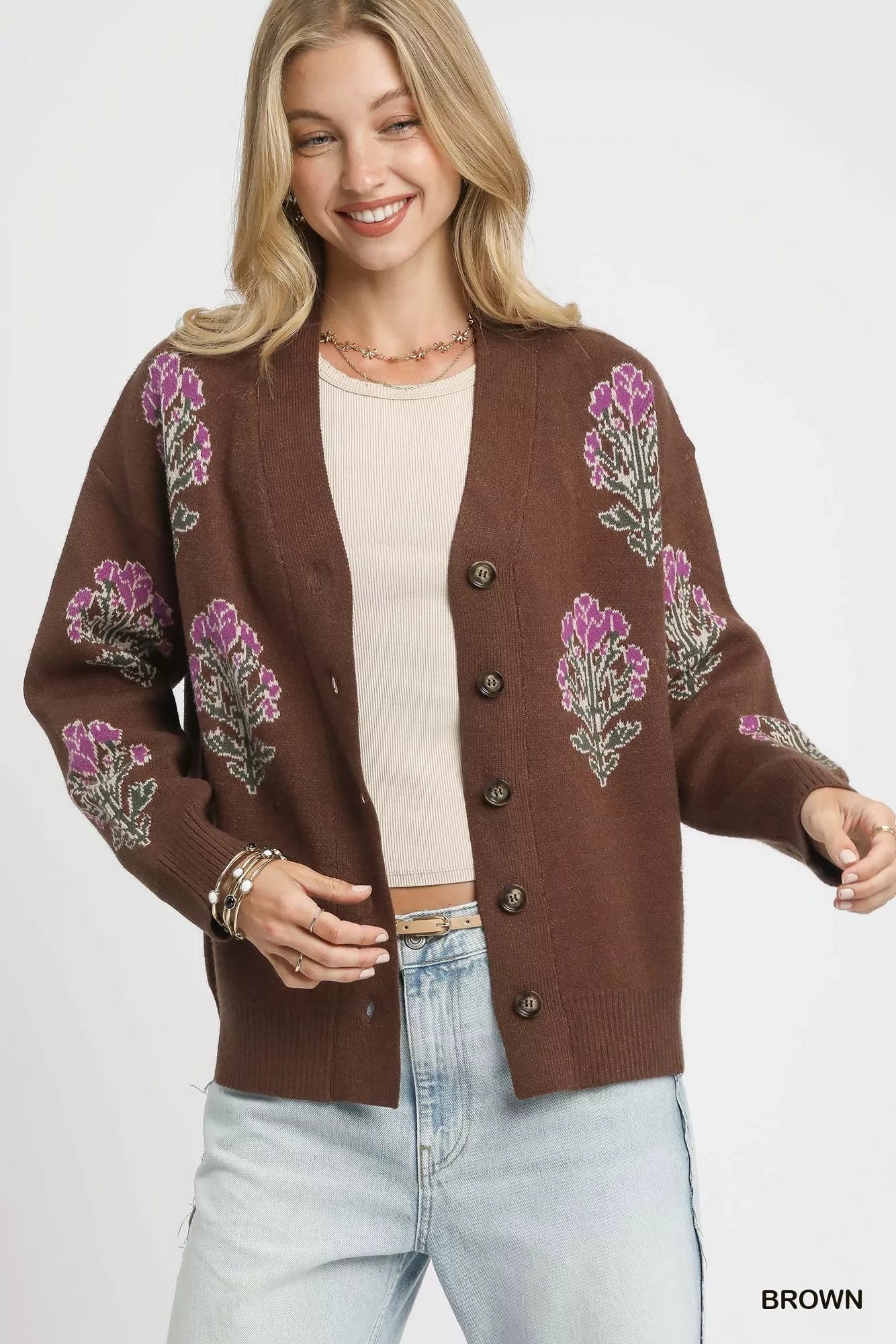 Umgee Single Flower Stem Jacquard Cardigan Sweater - Bitsy Gypsy Boutique
