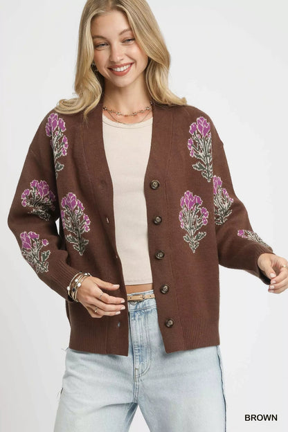Umgee Single Flower Stem Jacquard Cardigan Sweater - Bitsy Gypsy Boutique