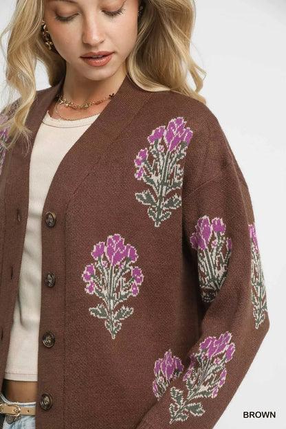 Umgee Single Flower Stem Jacquard Cardigan Sweater - Bitsy Gypsy Boutique
