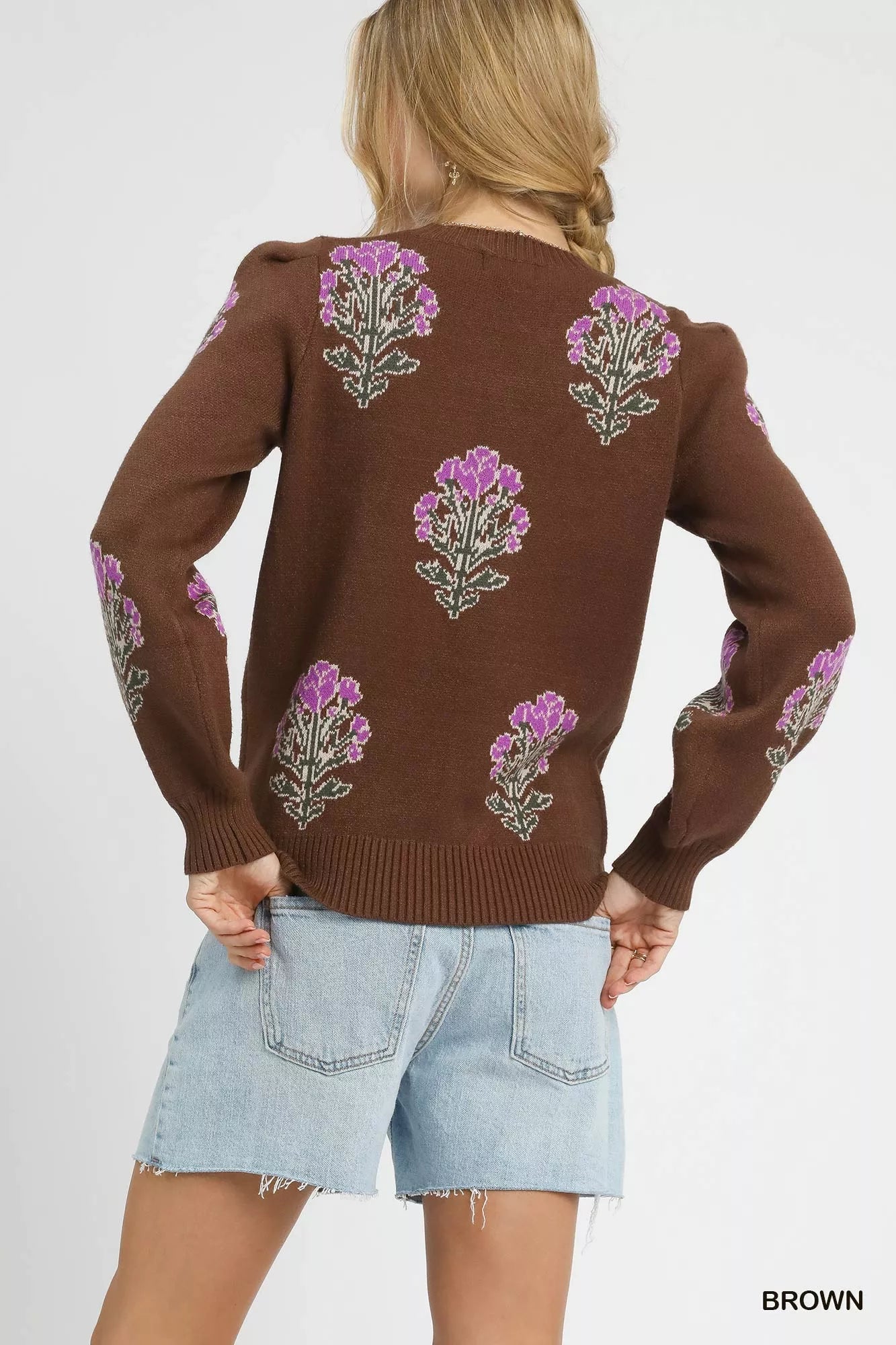 Umgee Single Flower Stem Jacquard Sweater - Bitsy Gypsy Boutique