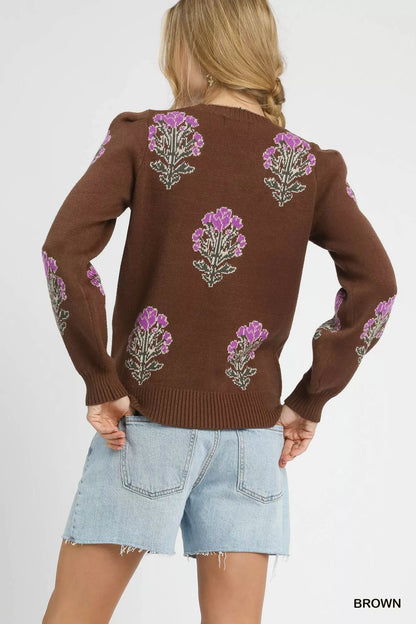 Umgee Single Flower Stem Jacquard Sweater - Bitsy Gypsy Boutique