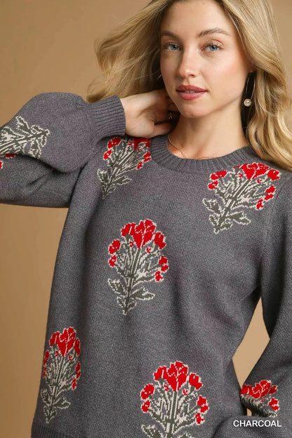 Umgee Single Flower Stem Jacquard Sweater - Bitsy Gypsy Boutique