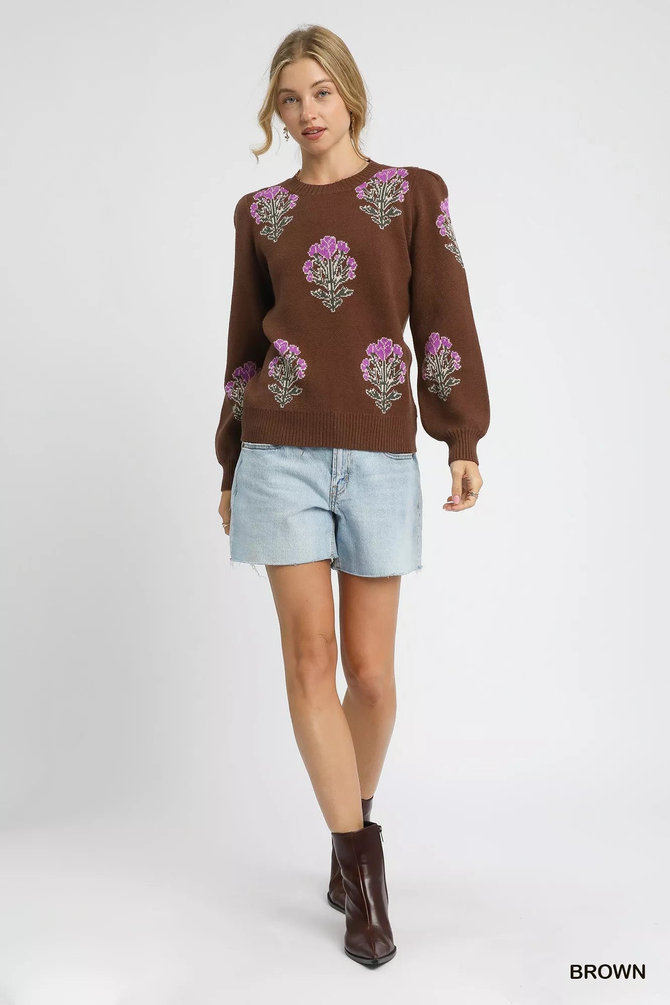 Umgee Single Flower Stem Jacquard Sweater - Bitsy Gypsy Boutique
