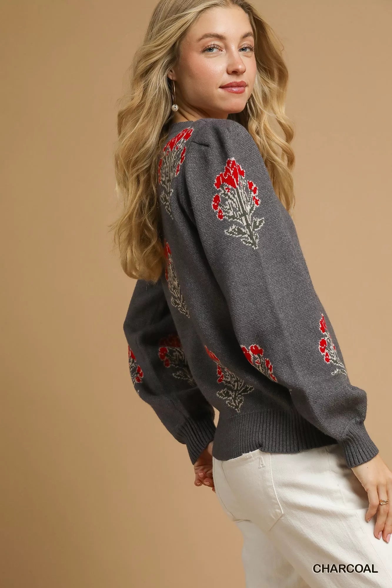 Umgee Single Flower Stem Jacquard Sweater - Bitsy Gypsy Boutique