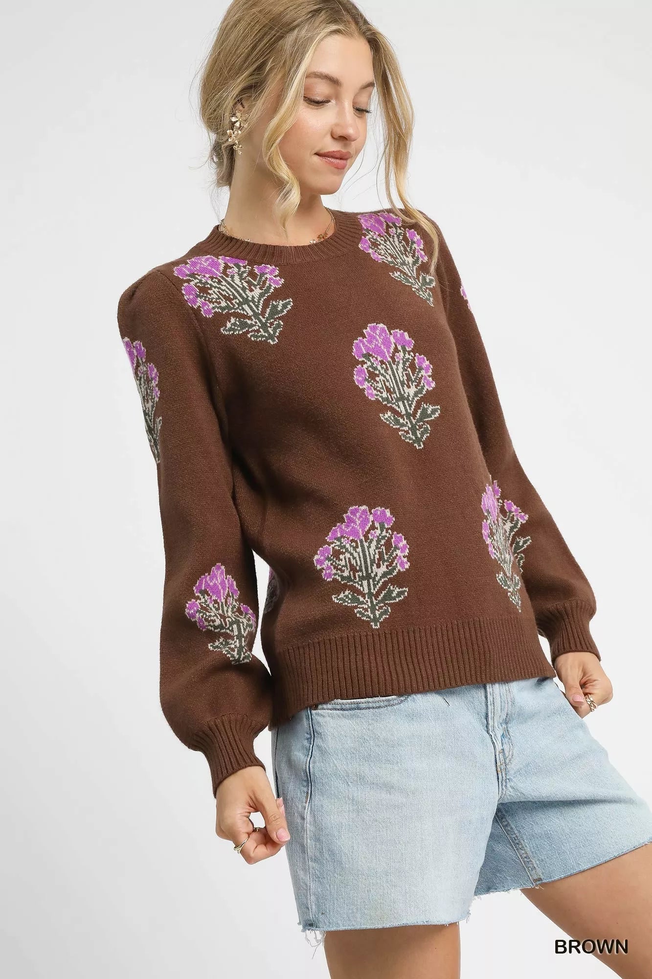 Umgee Single Flower Stem Jacquard Sweater - Bitsy Gypsy Boutique