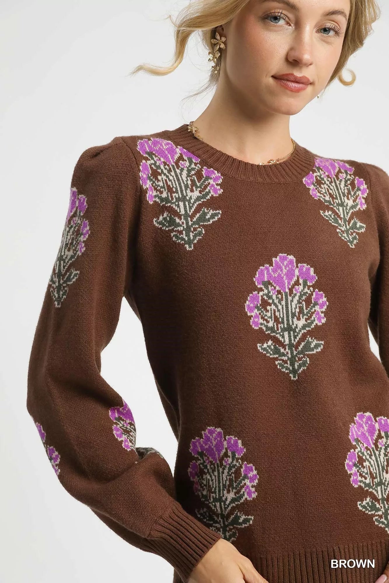 Umgee Single Flower Stem Jacquard Sweater - Bitsy Gypsy Boutique