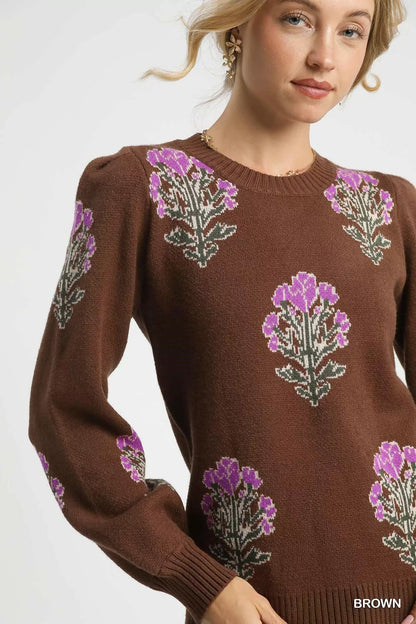 Umgee Single Flower Stem Jacquard Sweater - Bitsy Gypsy Boutique