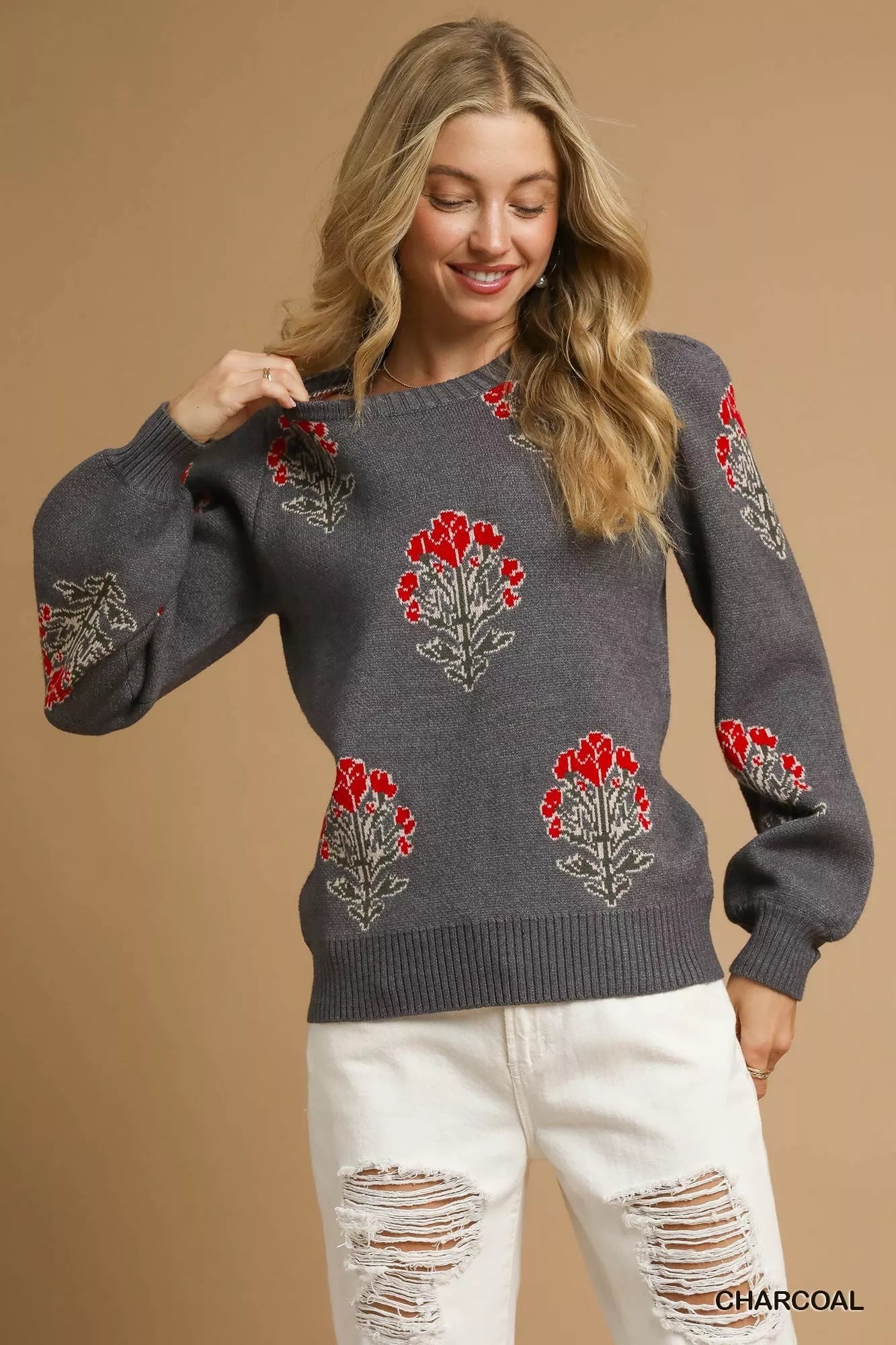 Umgee Single Flower Stem Jacquard Sweater - Bitsy Gypsy Boutique