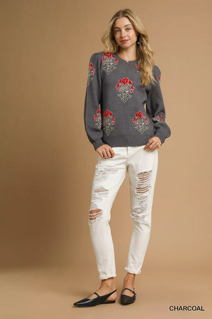 Umgee Single Flower Stem Jacquard Sweater - Bitsy Gypsy Boutique