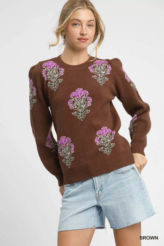 Umgee Single Flower Stem Jacquard Sweater - Bitsy Gypsy Boutique
