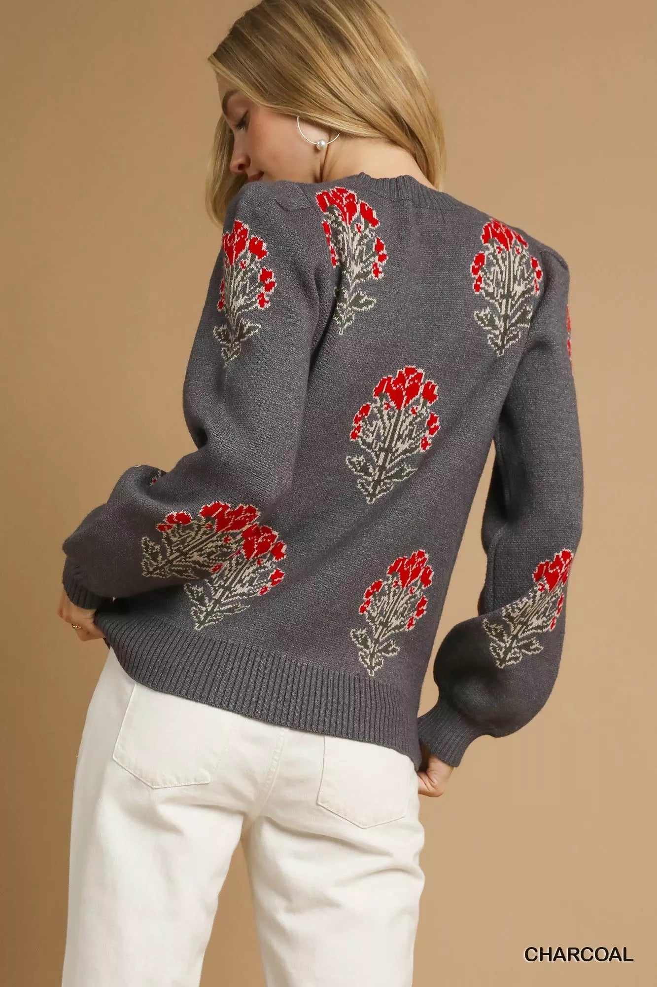 Umgee Single Flower Stem Jacquard Sweater - Bitsy Gypsy Boutique