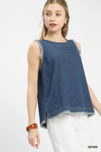 Umgee Sleeveless Fringe Hem Denim Top - Bitsy Gypsy Boutique