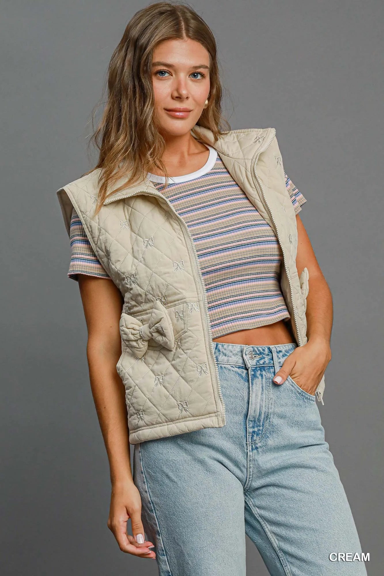 Umgee Sleeveless Quilted Vest with Bow Details - Bitsy Gypsy Boutique