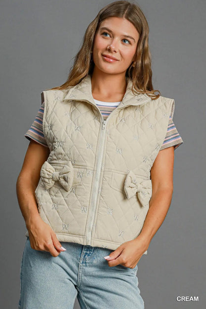 Umgee Sleeveless Quilted Vest with Bow Details - Bitsy Gypsy Boutique