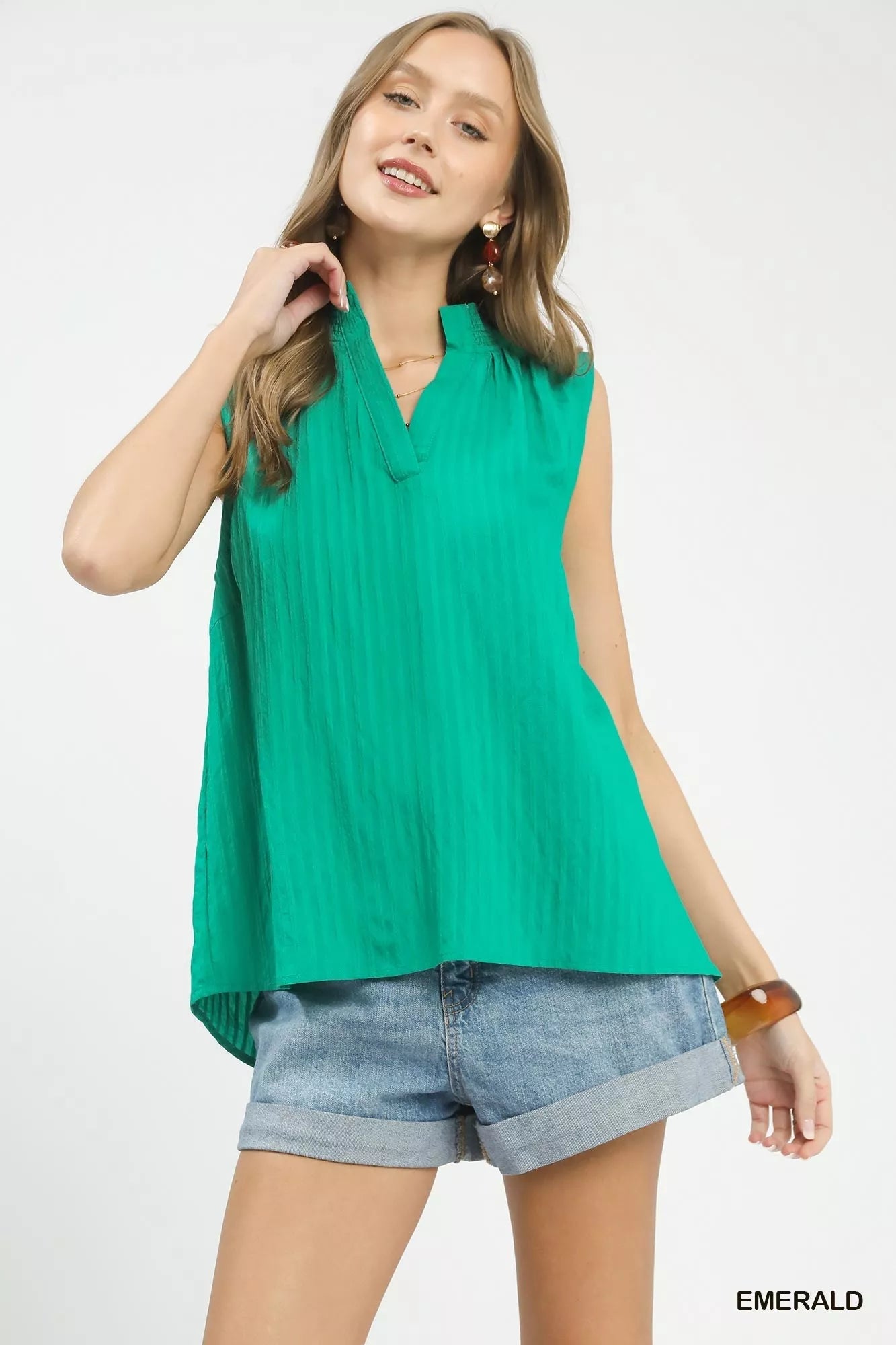 Umgee Sleeveless Textured Notch Neck Top - Bitsy Gypsy Boutique