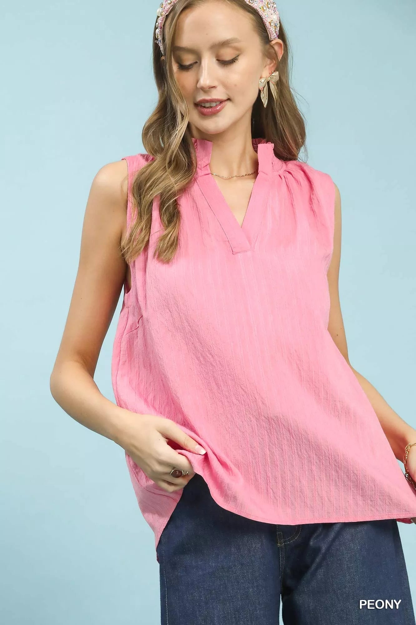 Umgee Sleeveless Textured Notch Neck Top - Bitsy Gypsy Boutique