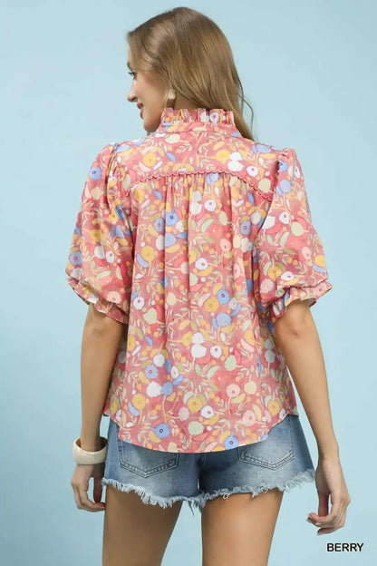 Umgee Smocked Floral Ruffle Trim Top - Bitsy Gypsy Boutique