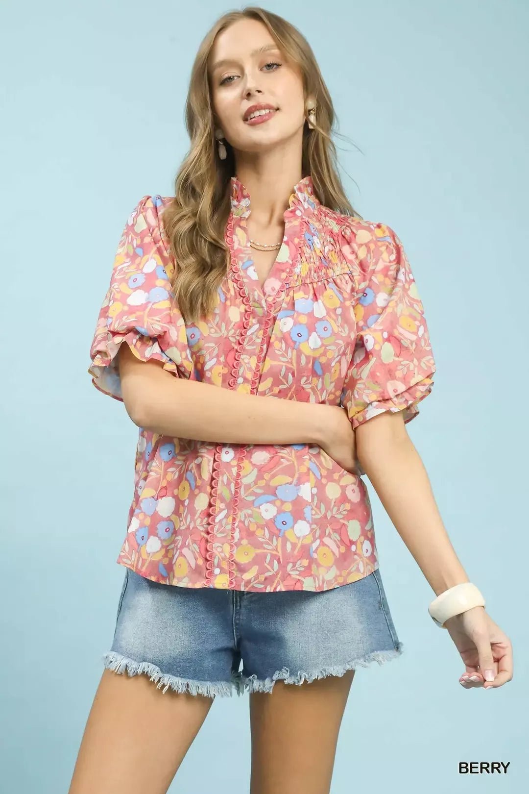 Umgee Smocked Floral Ruffle Trim Top - Bitsy Gypsy Boutique