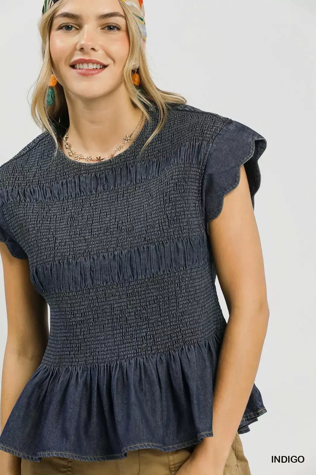 Umgee Smocked Peplum Top with Scalloped Ruffle Cap Sleeves - Bitsy Gypsy Boutique
