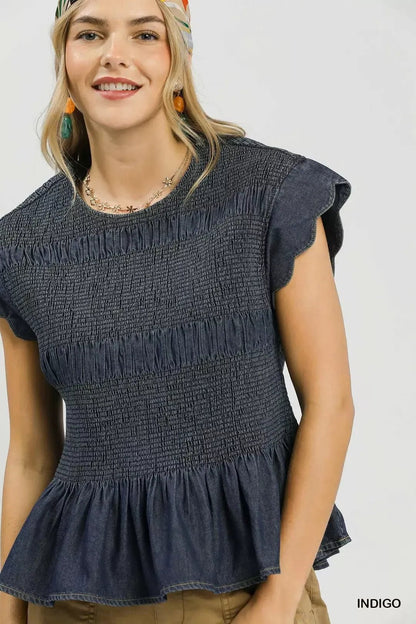 Umgee Smocked Peplum Top with Scalloped Ruffle Cap Sleeves - Bitsy Gypsy Boutique