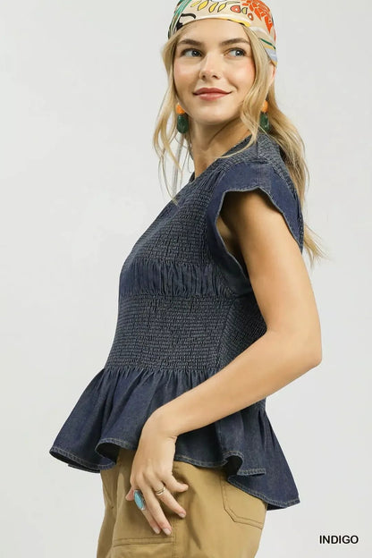 Umgee Smocked Peplum Top with Scalloped Ruffle Cap Sleeves - Bitsy Gypsy Boutique