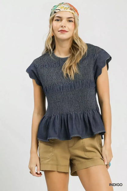 Umgee Smocked Peplum Top with Scalloped Ruffle Cap Sleeves - Bitsy Gypsy Boutique