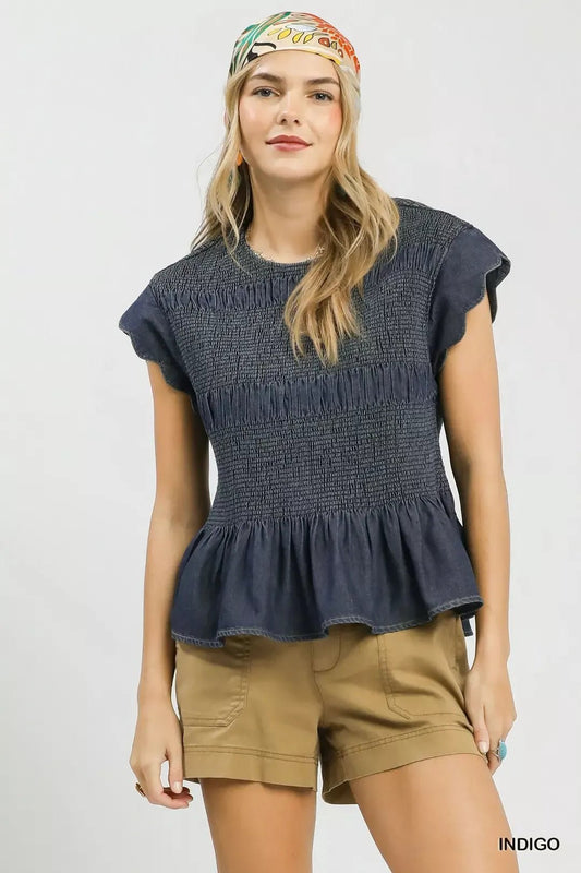 Umgee Smocked Peplum Top with Scalloped Ruffle Cap Sleeves - Bitsy Gypsy Boutique