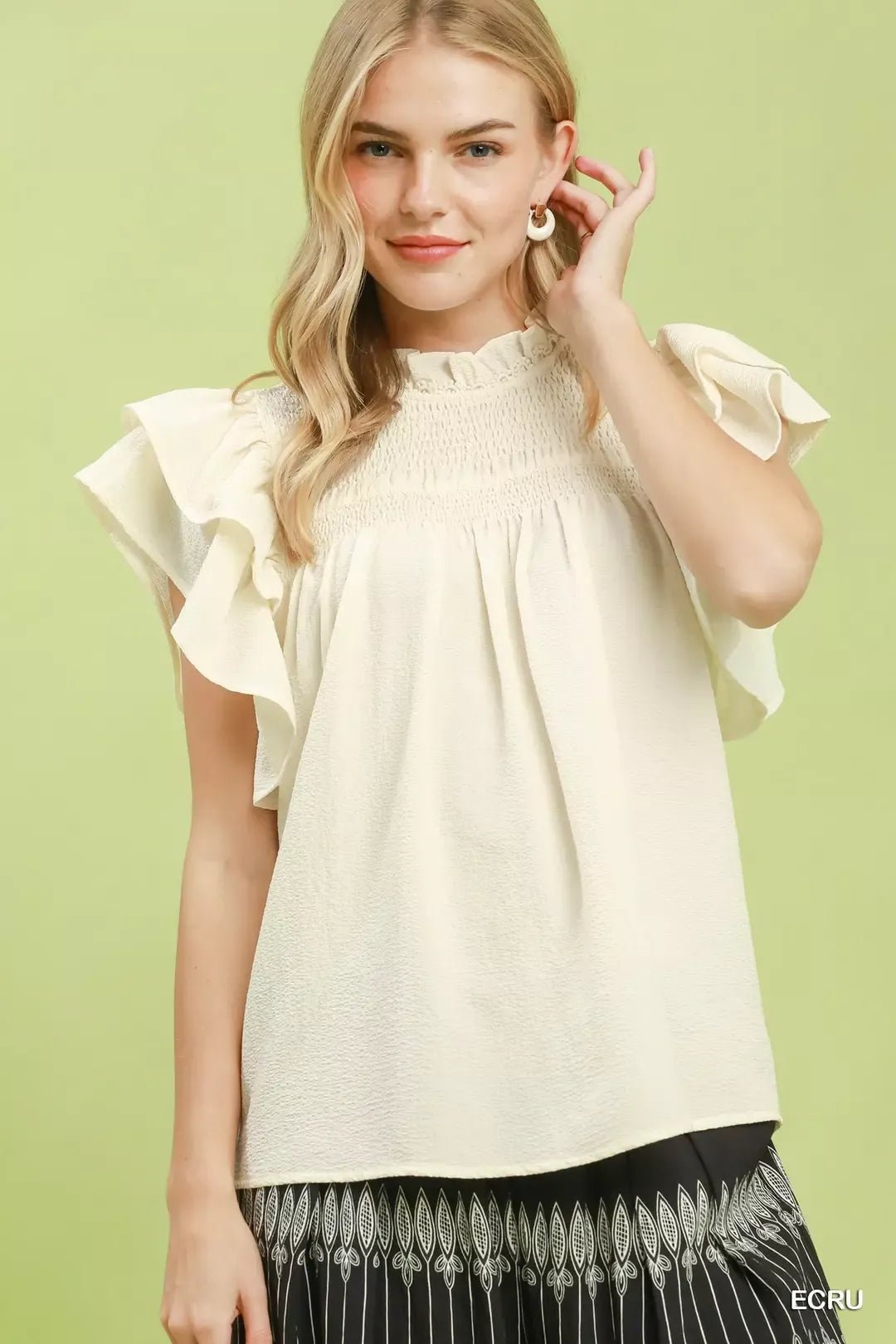 Umgee Smocked Ruffle Sleeve Textured Top - Bitsy Gypsy Boutique
