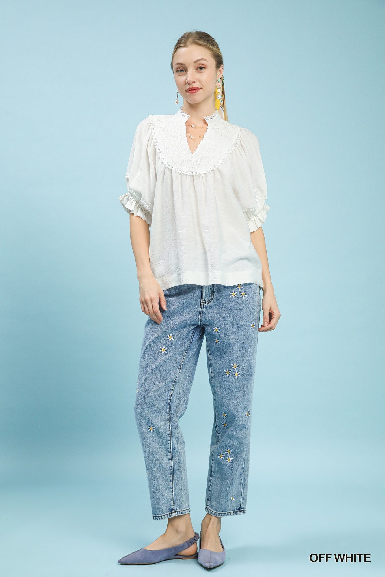 Umgee Smocked Yoke Blouse with Ruffle Sleeves - Bitsy Gypsy Boutique