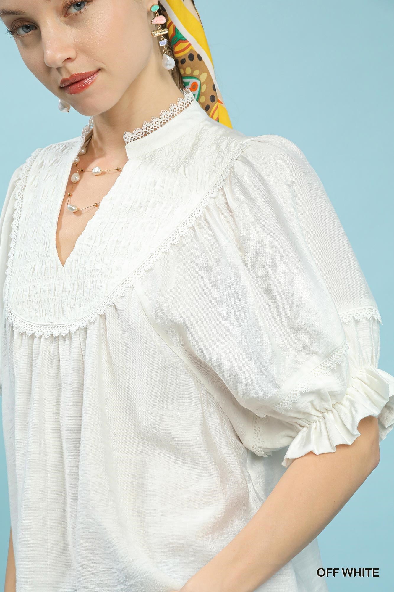 Umgee Smocked Yoke Blouse with Ruffle Sleeves - Bitsy Gypsy Boutique