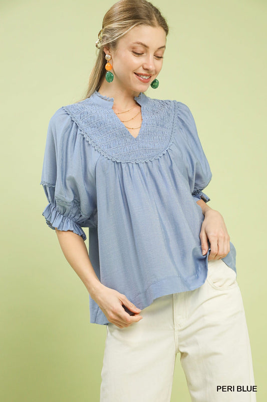 Umgee Smocked Yoke Blouse with Ruffle Sleeves - Bitsy Gypsy Boutique