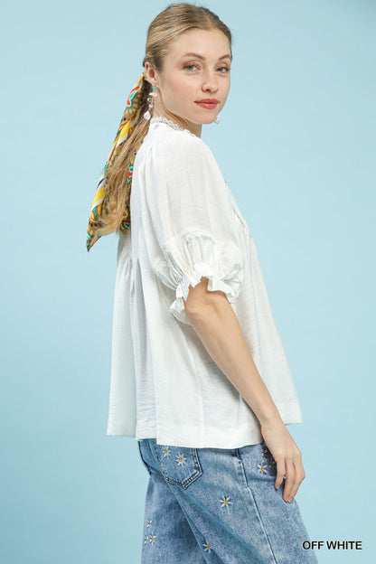 Umgee Smocked Yoke Blouse with Ruffle Sleeves - Bitsy Gypsy Boutique