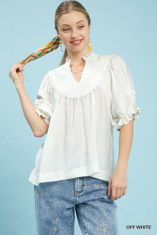 Umgee Smocked Yoke Blouse with Ruffle Sleeves - Bitsy Gypsy Boutique