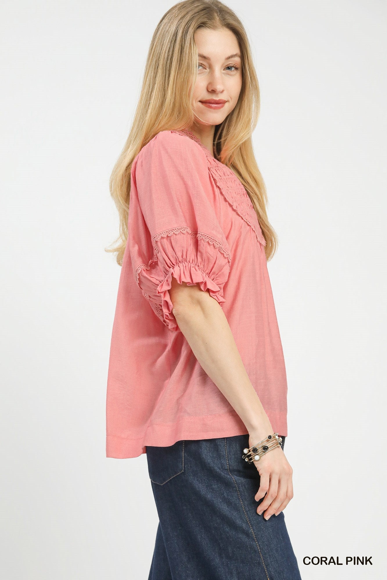 Umgee Smocked Yoke Blouse with Ruffle Sleeves - Bitsy Gypsy Boutique