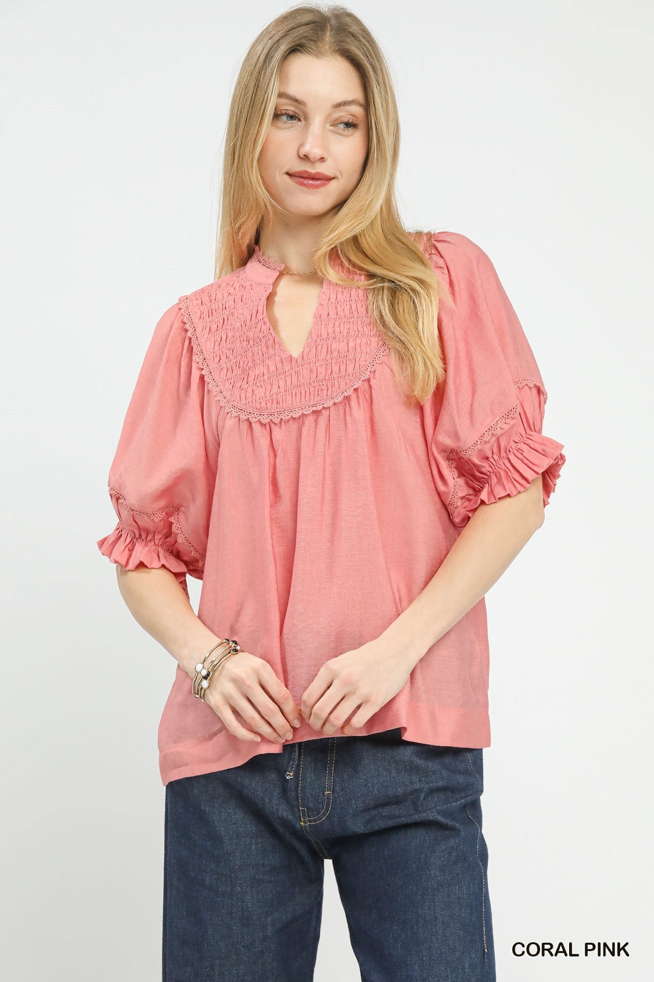 Umgee Smocked Yoke Blouse with Ruffle Sleeves - Bitsy Gypsy Boutique