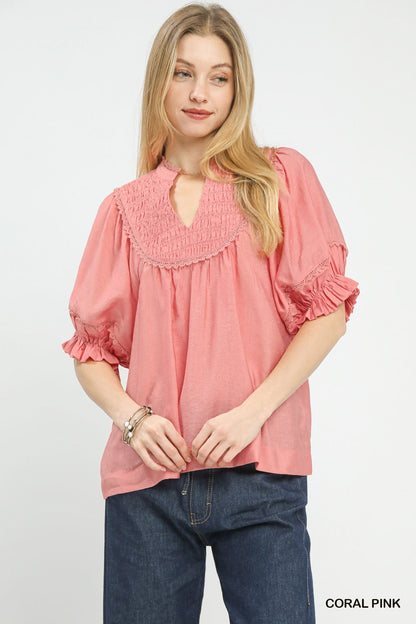 Umgee Smocked Yoke Blouse with Ruffle Sleeves - Bitsy Gypsy Boutique