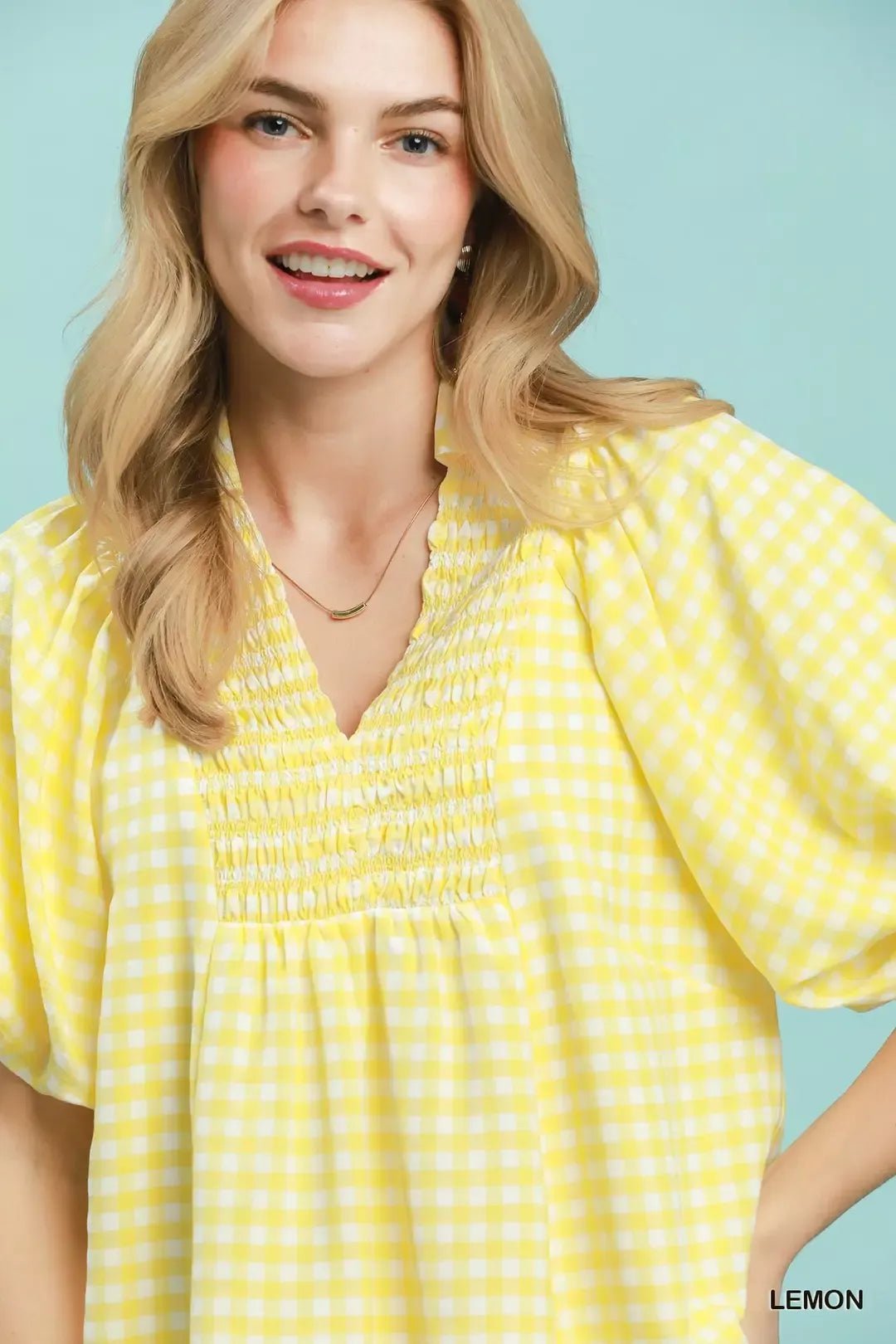 Umgee Smocked Yoke Puff Sleeve Gingham Blouse - Bitsy Gypsy Boutique