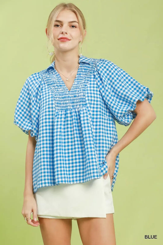 Umgee Smocked Yoke Puff Sleeve Gingham Blouse - Bitsy Gypsy Boutique