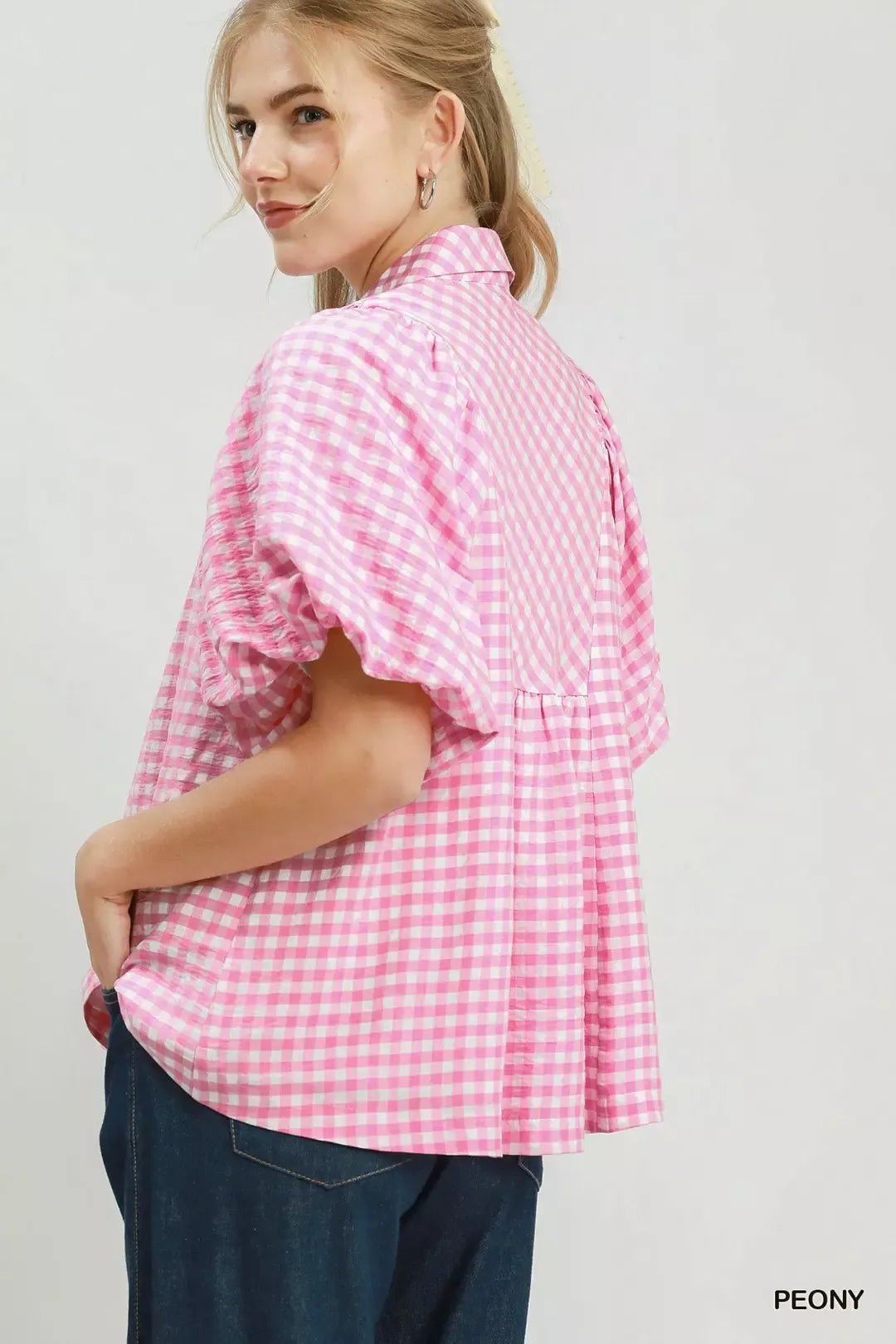 Umgee Smocked Yoke Puff Sleeve Gingham Blouse - Bitsy Gypsy Boutique