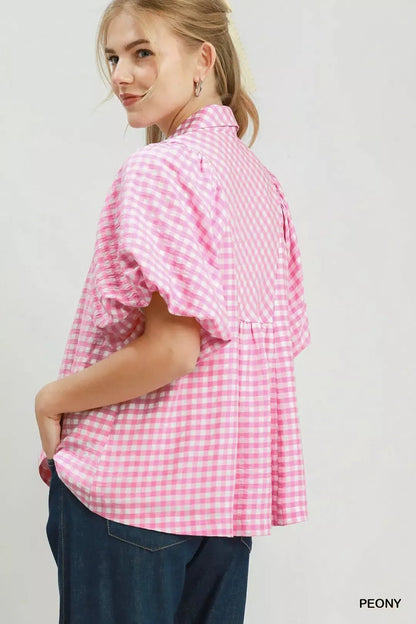 Umgee Smocked Yoke Puff Sleeve Gingham Blouse - Bitsy Gypsy Boutique