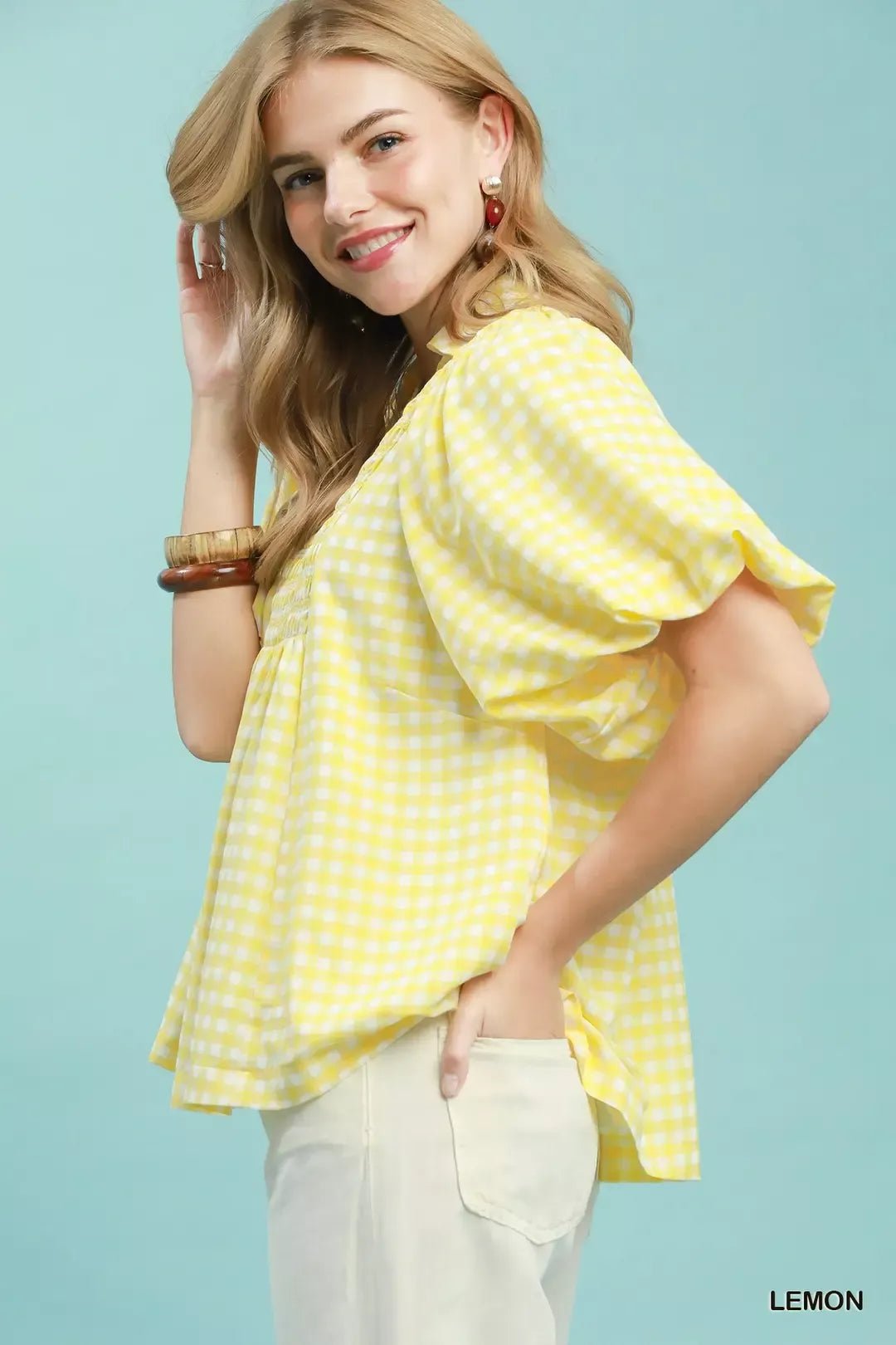 Umgee Smocked Yoke Puff Sleeve Gingham Blouse - Bitsy Gypsy Boutique