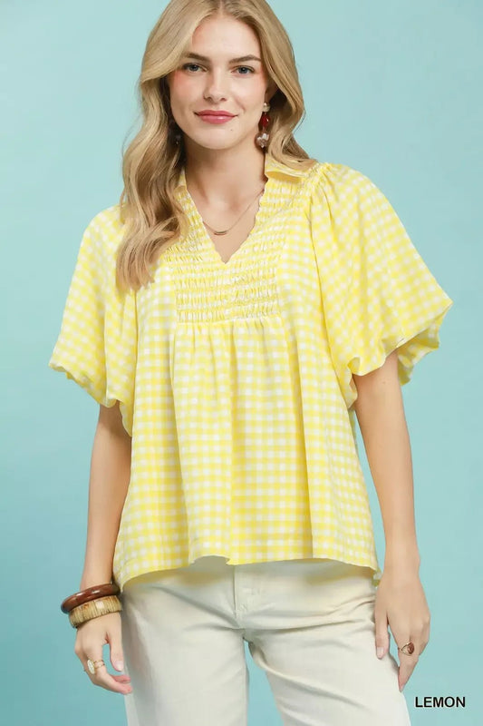 Umgee Smocked Yoke Puff Sleeve Gingham Blouse - Bitsy Gypsy Boutique
