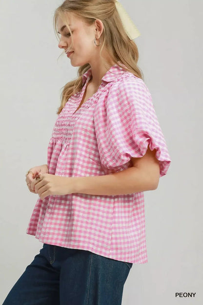 Umgee Smocked Yoke Puff Sleeve Gingham Blouse - Bitsy Gypsy Boutique